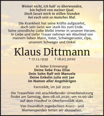 Traueranzeige von Klaus Dittmann von Mitteldeutsche Zeitung Merseburg/Querfurt