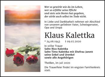 Traueranzeige von Klaus Kalettka von Mitteldeutsche Zeitung Zeitz