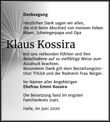 Traueranzeige von Klaus Kossira von Mitteldeutsche Zeitung Halle/Saalkreis