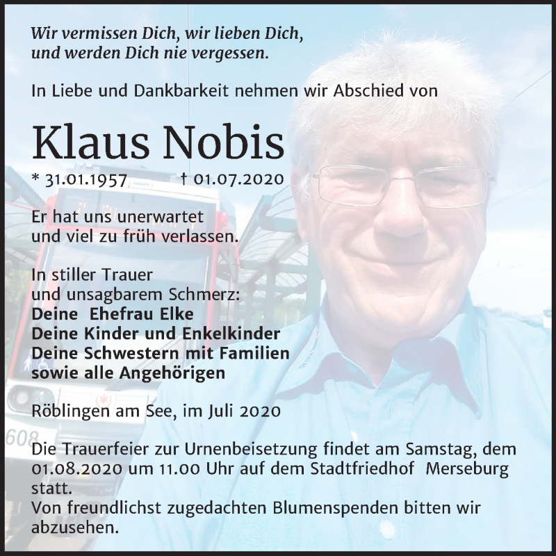  Traueranzeige für Klaus Nobis vom 18.07.2020 aus Mitteldeutsche Zeitung Merseburg/Querfurt