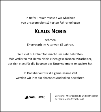 Traueranzeige von Klaus Nobis von Mitteldeutsche Zeitung Halle/Saalkreis