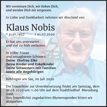 Traueranzeige von Klaus Nobis von Wochenspiegel Merseburg/Querfurt