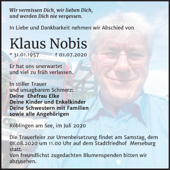 Traueranzeige von Klaus Nobis von Mitteldeutsche Zeitung Merseburg/Querfurt