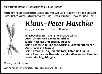 Traueranzeige von Klaus-Peter Haschke von Wochenspiegel Naumburg/Nebra