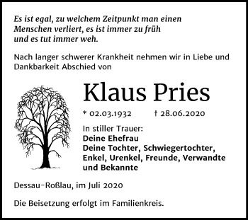 Traueranzeige von Klaus Pries von Mitteldeutsche Zeitung Dessau-Roßlau