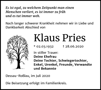 Traueranzeige von Klaus Pries von Super Sonntag Dessau-Roßlau
