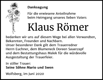 Traueranzeige von Klaus Römer von Mitteldeutsche Zeitung Sangerhausen