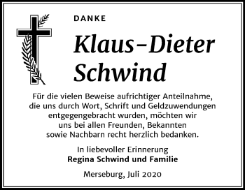 Traueranzeige von Klaus Dieter Schwind von Super Sonntag Merseburg/Querfurt