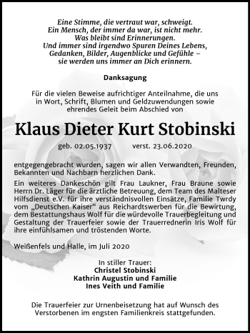 Traueranzeige von Klaus Dieter Kurt Stobinski von Wochenspiegel Weißenfels
