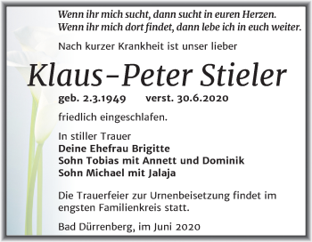 Traueranzeige von Klaus Peter Stieler von Super Sonntag Merseburg/Querfurt
