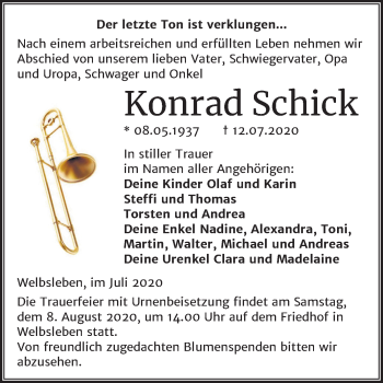 Traueranzeige von Konrad Schick von Mitteldeutsche Zeitung Aschersleben / Mansfelder Land