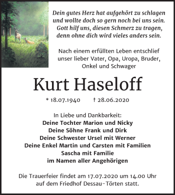 Traueranzeige von Kurt Haseloff von Super Sonntag Dessau-Roßlau