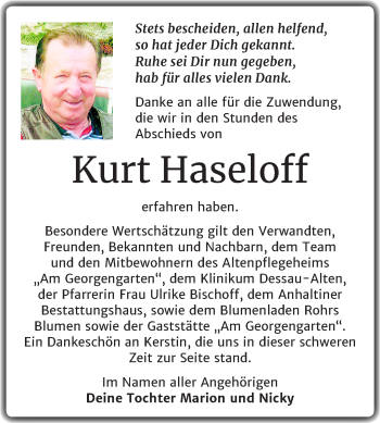 Traueranzeige von Kurt Haseloff von Super Sonntag Dessau-Roßlau
