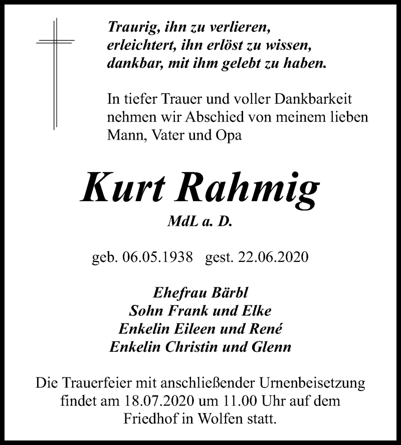 Traueranzeige für Kurt Rahmig vom 04.07.2020 aus Mitteldeutsche Zeitung Bitterfeld