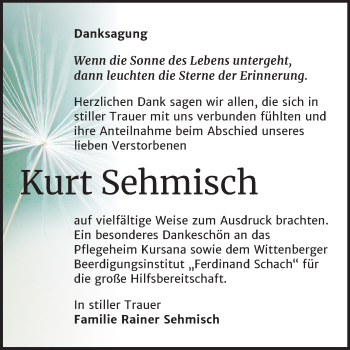 Traueranzeige von Kurt Sehmisch von Super Sonntag Wittenberg