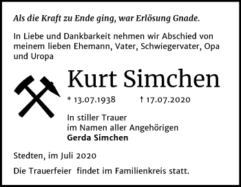 Traueranzeige von Kurt Simchen von Wochenspiegel Mansfelder Land
