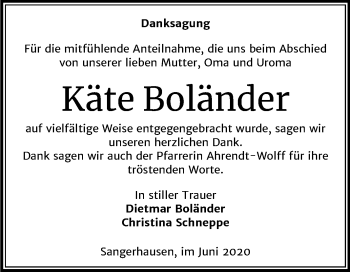 Traueranzeige von Käte Boländer von Mitteldeutsche Zeitung Sangerhausen