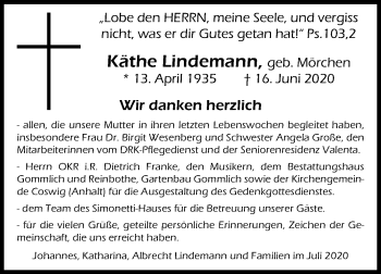 Traueranzeige von Käthe Lindemann von Super Sonntag Wittenberg