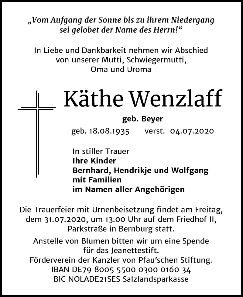  Traueranzeige für Käthe Wenzlaff vom 11.07.2020 aus Super Sonntag Bernburg