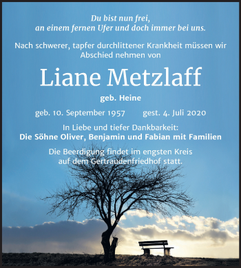 Traueranzeige von Liane Metzlaff von Mitteldeutsche Zeitung Halle/Saalkreis