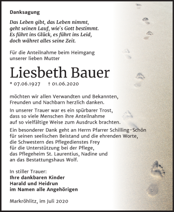 Traueranzeige von Liesbeth Bauer von Wochenspiegel Weißenfels