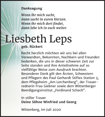 Traueranzeige von Liesbeth Leps von Mitteldeutsche Zeitung Wittenberg