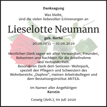 Traueranzeige von Lieselotte Neumann von Mitteldeutsche Zeitung Wittenberg