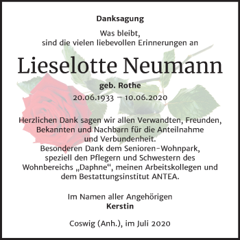 Traueranzeige von Lieselotte Neumann von Super Sonntag Wittenberg