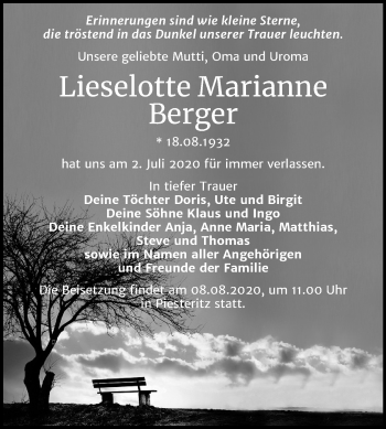 Traueranzeige von Lieselotte Marianne Berger von Super Sonntag Wittenberg