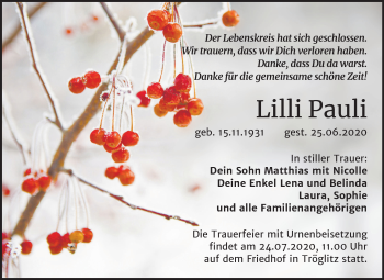Traueranzeige von Lilli Pauli von Super Sonntag Zeitz