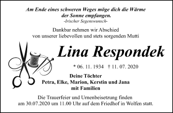 Traueranzeige von Lina Respondek von Mitteldeutsche Zeitung Bitterfeld