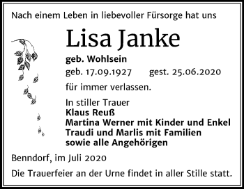 Traueranzeige von Lisa Janke von Mitteldeutsche Zeitung Mansfelder Land