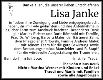 Traueranzeige von Lisa Janke von Mitteldeutsche Zeitung Mansfelder Land