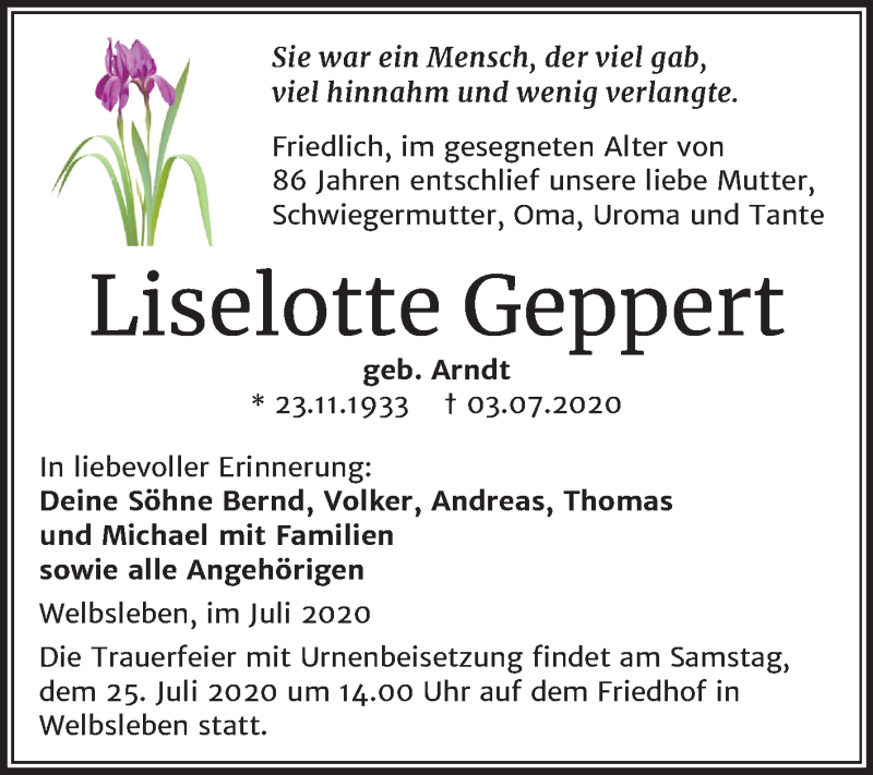  Traueranzeige für Liselotte Geppert vom 11.07.2020 aus Mitteldeutsche Zeitung Mansfelder Land