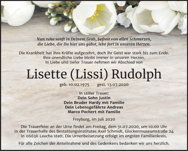  Traueranzeige für Lisette Rudolph vom 22.07.2020 aus Wochenspiegel Naumburg/Nebra