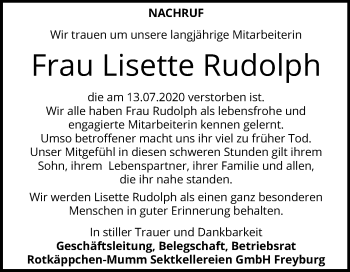 Traueranzeige von Lisette Rudolph von Mitteldeutsche Zeitung Naumburg/Nebra