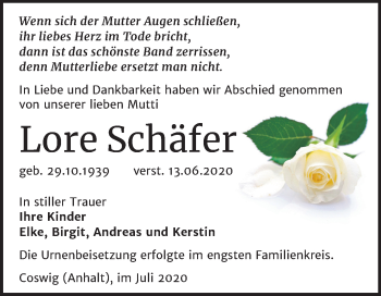 Traueranzeige von Lore Schäfer von Super Sonntag Wittenberg