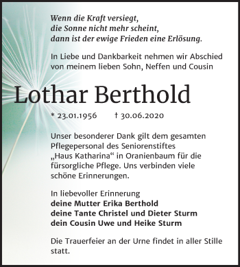 Traueranzeige von Lothar Berghold von Super Sonntag Wittenberg