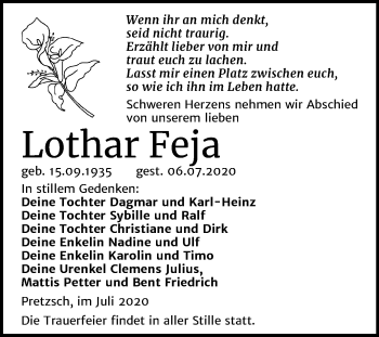 Traueranzeige von Lothar Feja von Super Sonntag Wittenberg