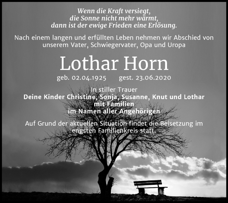  Traueranzeige für Lothar Horn vom 04.07.2020 aus Mitteldeutsche Zeitung Wittenberg