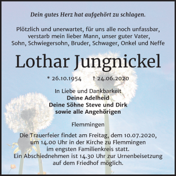 Traueranzeige von Lothar Jungnickel von Wochenspiegel Naumburg/Nebra