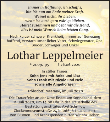 Traueranzeige von Lothar Leppelmeier von Mitteldeutsche Zeitung Naumburg/Nebra