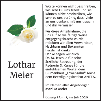 Traueranzeige von Lothar Meier von Super Sonntag Wittenberg