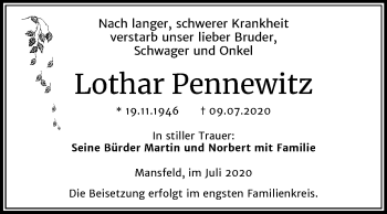 Traueranzeige von Lothar Pennewitz von Wochenspiegel Mansfelder Land