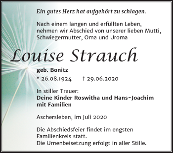 Traueranzeige von Louise Strauch von Super Sonntag Aschersleben