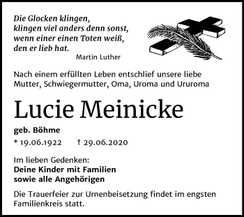 Traueranzeige von Lucie Meinicke von Super Sonntag Mansfelder Land