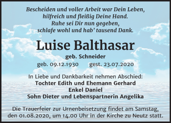 Traueranzeige von Luise Balthasar von Mitteldeutsche Zeitung Halle/Saalkreis