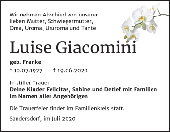 Traueranzeige von Luise Giacomini von Mitteldeutsche Zeitung Bitterfeld