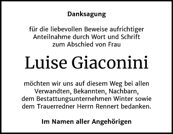 Traueranzeige von Luise Giaconini von Mitteldeutsche Zeitung Bitterfeld