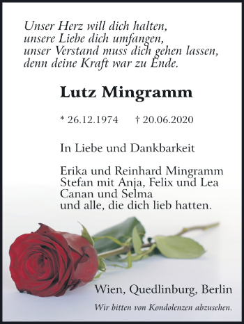 Traueranzeige von Lutz Mingramm von Super Sonntag Quedlinburg